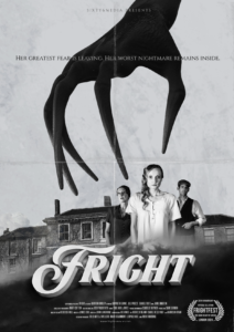A movie poster with people standing in front of a building