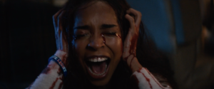 woman with eyes closed and bloodied hands screaming