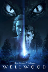 Night time image with man and woman's faces looking concerned as two evil looking eyes over see them both