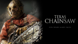 Chunky man wearing human skin mask and holding a large chainsaw