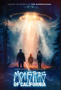 Three people stood in the beams of a UFO