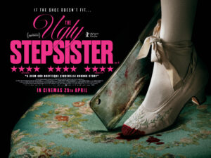 Someone's foot in a bloodied shoe with a meat cleaver resting to the side