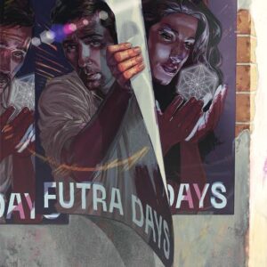 Man in a poster image escaping