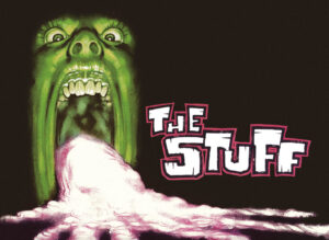 Green face with mouth wide open and white muck pouring from it