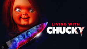 Smiling child doll holding a large knife