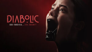 Young woman with black liquid spilling from her mouth