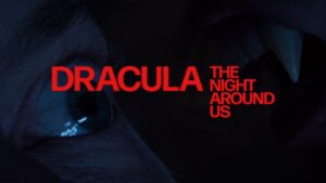 Close up of a man's eye and vampire teeth in the background